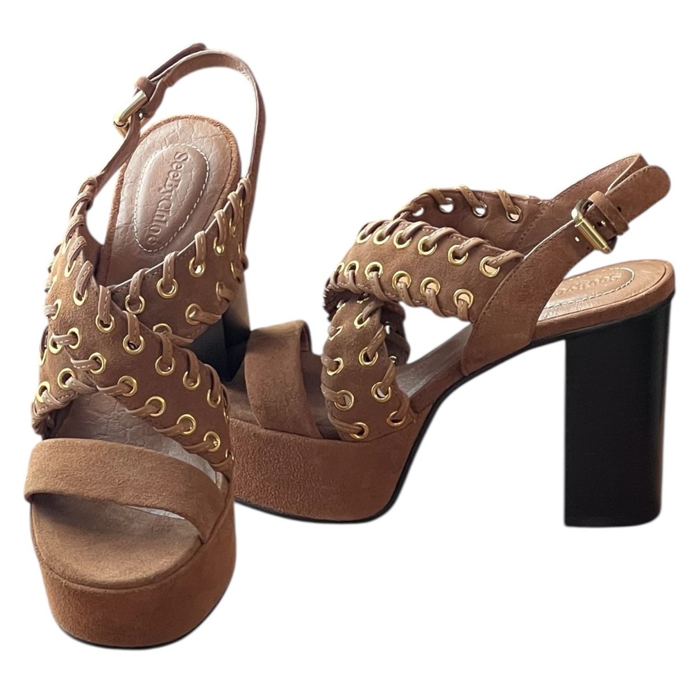 See By Chloé NWOB Tan Suede Platform Sandals 38 Lace-Up Grommet Boho Designer